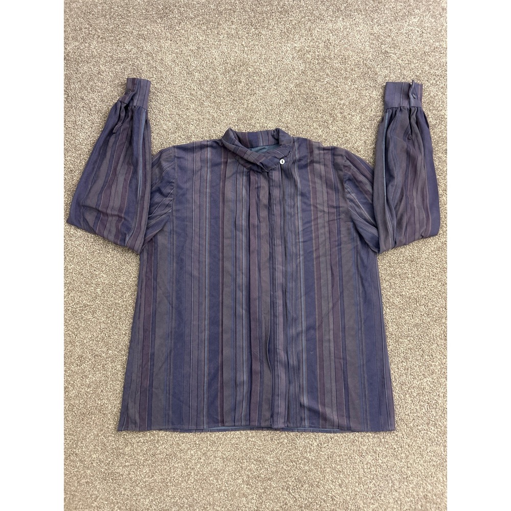 Vintage Blouse Womens XL Purple Blue Stripe High Neck Puff Sleeve Excellent